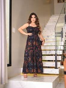 Women's Long Beach Dress With Tie Straps, Summer Casual Style, Floral And Coconut Tree Print, Bohemian Tropical Style, Thin Straps And Drawstring. - 黑金色 - 查看 2