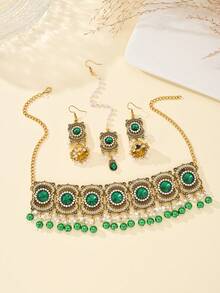 4件套时尚奢华水钻首饰套装，新娘首饰，仿珍珠发链、吊坠耳环和串珠流苏项链，适合女士婚礼、日常佩戴。 - 四件套 - 查看 10