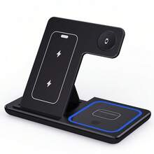 15W LED Fast Wireless Charging Stand, 3-In-1 Foldable Charging Station, Compatible With IPhone 16/15/14/13/12/11A, 9/8/7/6/5A, IPods Pro - Black - View 9