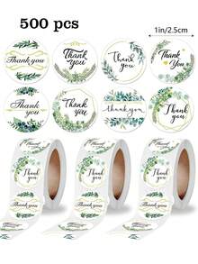 500张/卷 绿色叶子感谢自粘贴纸，1英寸圆形，8种设计，新年圣诞节假日派对礼品包装封口标签，办公文具，礼品信封贺卡派对DIY装饰，PVC防水贴纸封口贴，剪贴簿用品，趣味贴纸，Kindle剪贴簿用品 - 500貼 綠葉感謝貼紙 - 查看 7