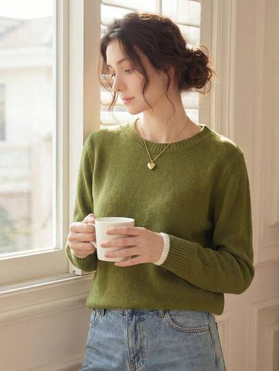 Knit Mix 优雅女士时尚针织毛衣，休闲宽松圆领套头衫，长袖落肩上衣，适合秋冬季节，也适合圣诞节、感恩节和新年穿着。