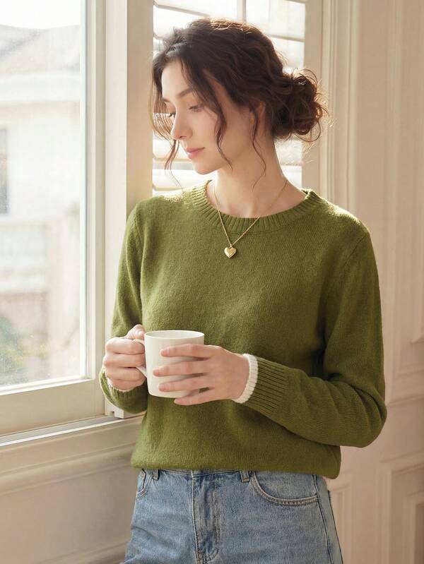 Knit Mix Elegant Women's Fashion Knit Sweater, Casual Loose Crew Neck Pullover, Long Sleeve Drop Shoulder Top, Suitable For Autumn/Winter, Also Suitable For Christmas, Thanksgiving And New Year