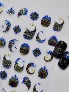 1pc Hot Stamping Exquisite Blue Peacock Gilded Peacock Feather Peacock Spreading Tail Nail Art Stickers 5D Majestic Oriental Nail Decals Self-Adhesive Manicure Accents For Women - Multicolor - View 3