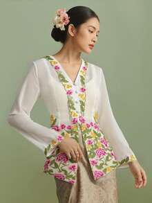 Nyonya Kebaya，女士 Kebaya，传统土生华人服装，优雅土生华人连衣裙，时尚刺绣长袖衬衫夹克，白色衬衫，开斋节衣服，开斋节 - 白色 - 查看 4