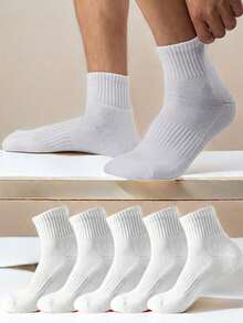 5 Pairs Men's Socks, Including White Mid-Calf Socks, Black Knee-High Socks, Odor-Resistant Sports Socks, European Sizes, Suitable For Autumn/Winter - White - View 7