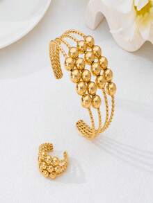 Women's Simple Smooth Ball Open Bangle & Ring Set, Casual Daily Accessories - Yellow Gold - View 3