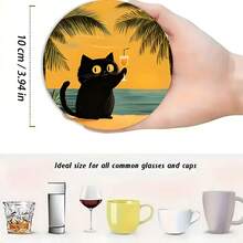 6pcs Cute Black Cat Printed Round Wooden Coasters, Heat-Resistant, Ideal For Beach Lovers And Home Decor, Suitable For Coffee Cups And Beverages, Beach Accessories - Wooden Board-coaster - View 5