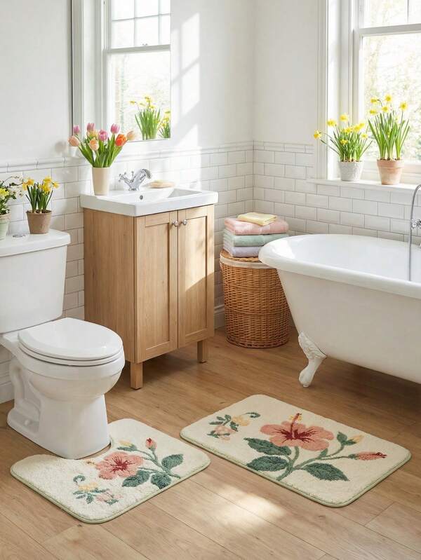 1/3 Set Floral Pattern Bathroom Rug Set, Includes U-Shaped Toilet Mat And Super Absorbent Microfiber Faux Cashmere Bathroom Mat, With Dotted Non-Slip Bottom, Machine Washable, Soft And Warm Bathroom Carpet, Home Bathroom Decor, Outdoor Door Mat, Autumn Decoration, Bathroom Accessories Back To School Entrance Decor