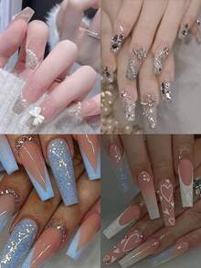 96 Pieces 4 Sets Of Glitter French Acrylic Manicure Patches Love Butterfly Rhinestone Push-On Nails Long Manicure Set, Including 4 Pieces Of Jelly Glue And 4 Nail Files, Suitable For Hen Parties, Dance Parties, Daily Casual Wear. Detachable And Reusable Fake Nails - Multicolor - View 2