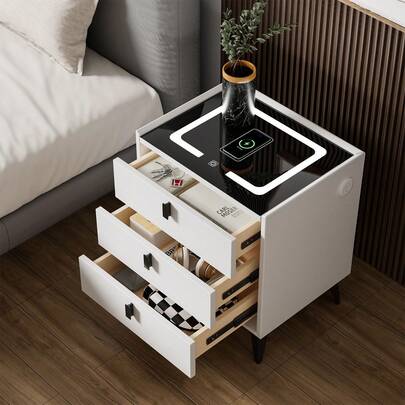 OYAJIA Bedside Table With 2/3 Drawers, Unique Smart Bedside Table With Wireless Charging Adjustable LED Lights High Gloss Nightstand Cabinet For Bedroom Home Office - White / Grey