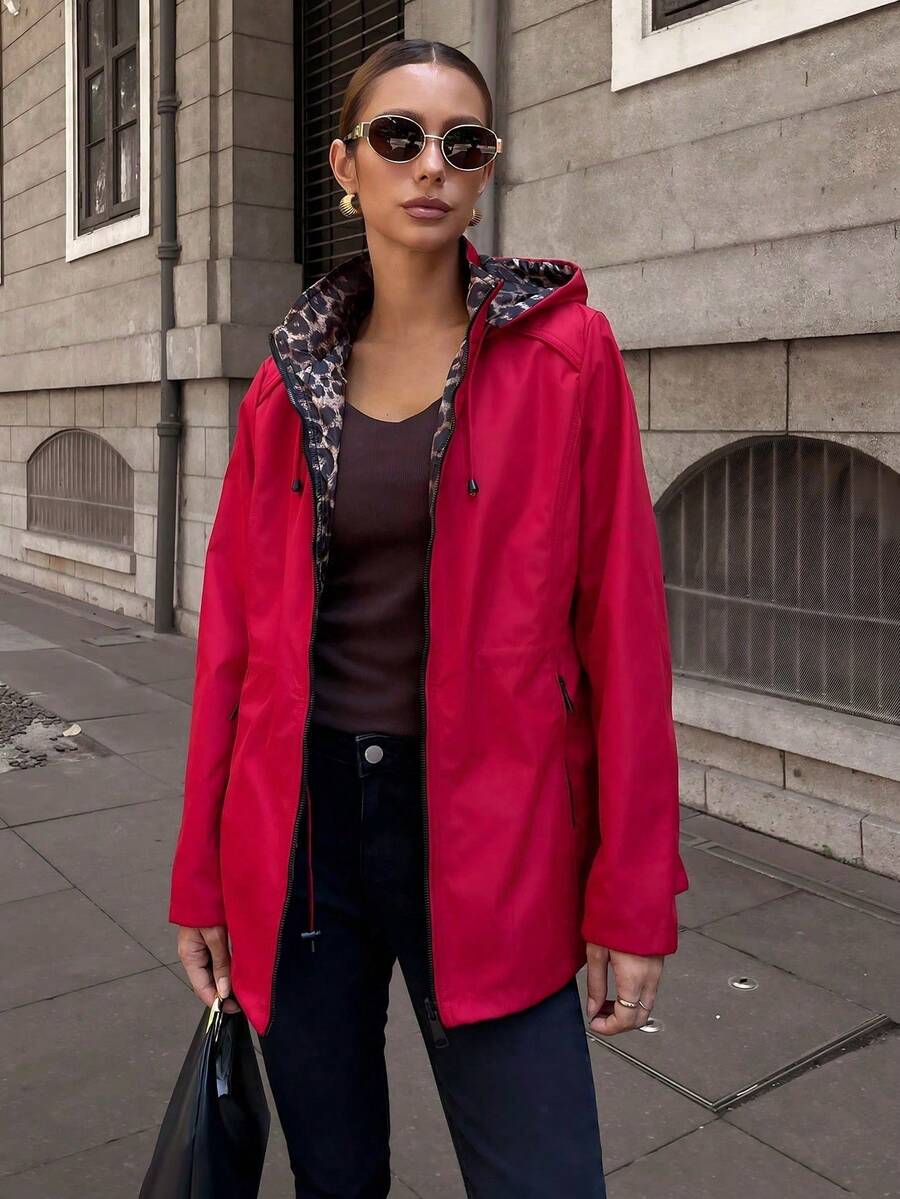 Giolshon Women Reversible Hooded Jacket With Double-Sided Butter Yellow Printed Design, Casual Fashion Layering For Everyday Wear, Autumn/Winter Spring - Red Leopard Print - View 1