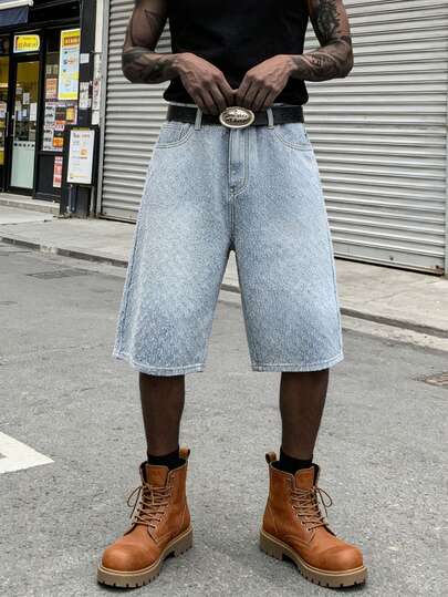 Męskie, amerykańskie, vintage'owe, luźne i wygodne, jeansowe szorty z nadrukiem żakardowym na lato