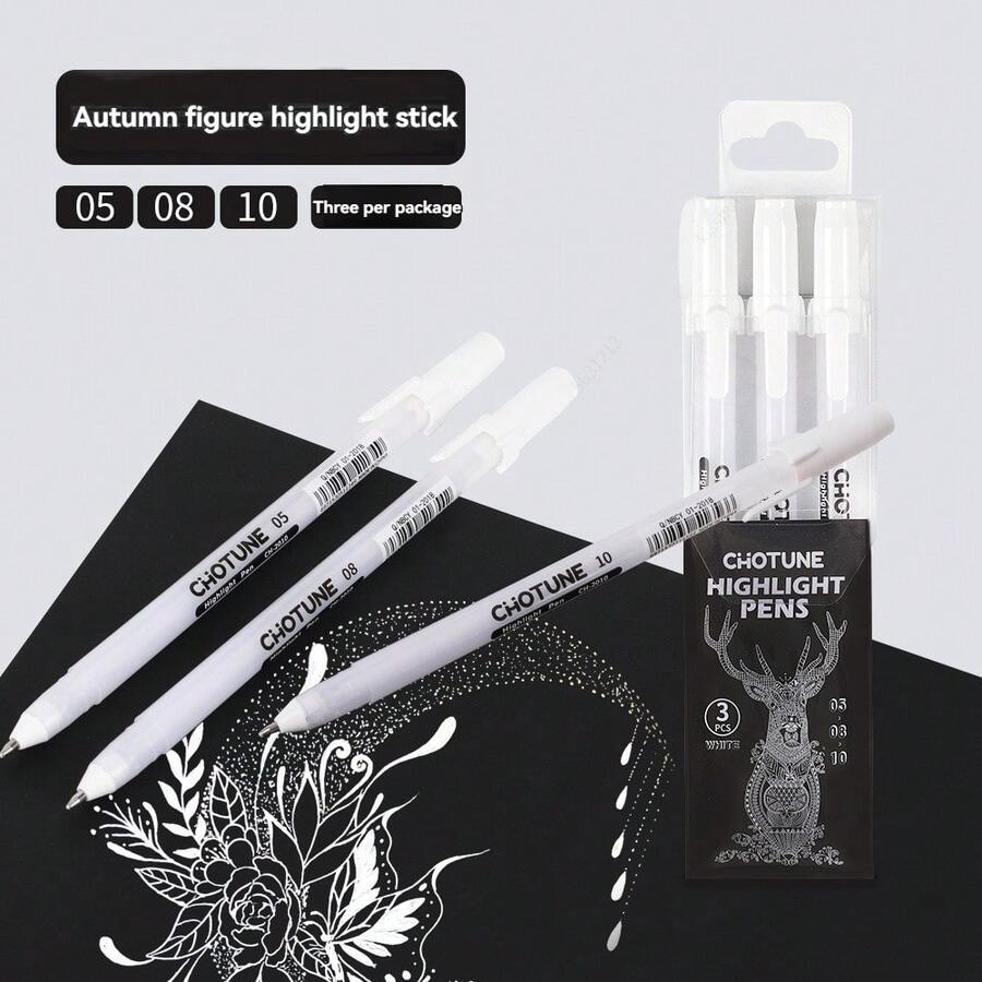 3pcs Gel Pens, 0.5/0.8/1.0mm White Fluorescent Pens, Smooth Writing, Suitable For Art Drawing, Classic White Ink - White - View 1