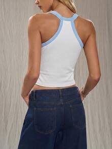 Faeriesty Women's White Sleeveless Stretch Ribbed Camisole With Y-Shaped Neckline Sky Blue Trim – Chic Casual Vacation Style Ideal For Summer Outings, Beach Vacations, Casual Gatherings, City Walks - White - View 2