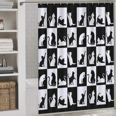 1pc Black And White Geometric Cat Shower Curtain, Suitable For Bathroom Bathtub Partition, Bathroom Shower Curtain Decoration, Bathroom Accessories