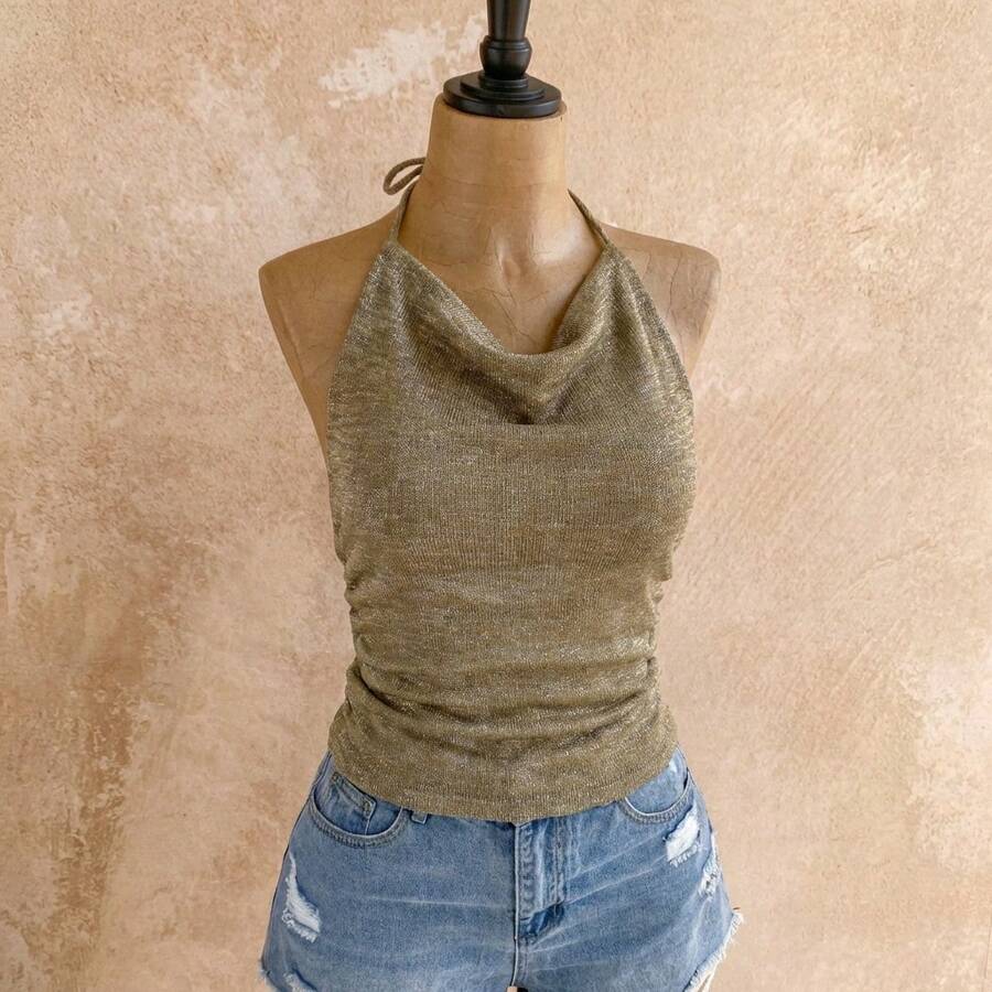 Fashionable Solid Color Sexy Fitted Backless Knit Camisole Top, Suitable For Valentine's Day, Casual Daily Wear, Party - Green - View 1