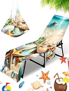 1pc Starfish & Shell Beach Chair Cover/Towel, With Side Pockets, Thick Quick-Dry, Suitable For Lounge Chair, Pool, Sunbathing, Garden, Beach, Hotel, Non-Slip, Travel, Swim Pool Towel, Beach Bag, Back To School, Family & Couple Birthday Gift, Wedding Season, Easter & Christmas Gift - Color 1 - View 10