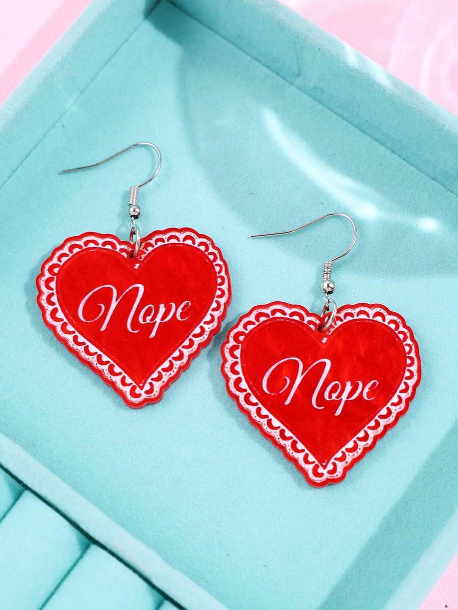 1件时尚创意设计独特精致小众闪亮“Nope”字母多色红色珍珠蕾丝心形亚克力耳环，适合女性日常、派对、通勤、假日佩戴 - 彩色 - 查看 1