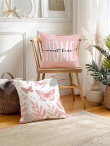 4 件套浅粉色蝴蝶叶子印花枕套，适用于客厅和卧室，涤纶材质，可机洗 - 粉色 - 查看 10