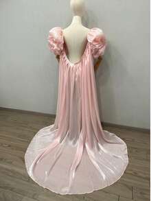 1pc Burgundy Satin Bridal Cape, Luxury Cloak With Puff Sleeves & Long Train, 170cm - Multicolor - View 7