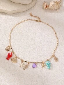 1pc Fashionable Bohemian Beach Holiday Fish, Starfish & Shell Pendant Necklace, Suitable For Daily, Holiday, Party Wear - Multicolor - View 3