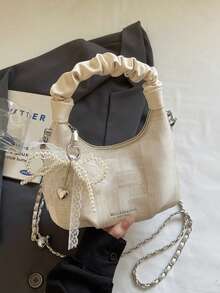 Women's Simple And Versatile High-Quality PU Pleated Handbag, Crescent-Shaped Mini Bag With Beaded Charm And Detachable Shoulder Strap, Perfect For Everyday Casual Wear. - White - View 7