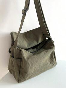 Vintage Minimalist Versatile Flap Shoulder Bag, Thick Washed Canvas Bag, Casual Versatile Large Capacity American Messenger Bag, College Style Japanese University Student Schoolbag, Short Trip Travel Bag, Simple Street Cloth Bag, Black Crossbody Bag , Old Money - 綠色 - 查看 8