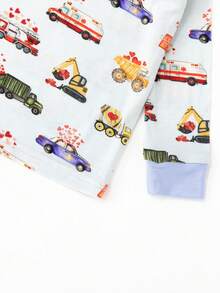 MIOZING  2pcs Ultra Soft Bamboo Viscose Baby Pajama Set, Long Sleeve Top & Pants Loungewear, Trucks, Cars & Heart Print,Breathable Stretchy Sleepwear For Toddler Boys - Màu xanh nhạt - Xem 5
