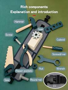 Kids Woodworking Role Play Tool Belt Set, Includes Screws, Hammer, Screwdriver, Saw, Wrench - Children's Birthday Gift - Multicolor - View 3