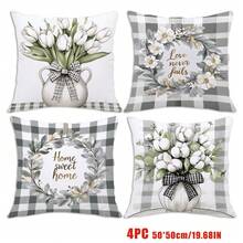 4pcs Simple Plaid & Floral Print Pillow Covers [Single-Sided Print], 17.7*17.7in(45*45cm)/19.69*19.69in(50*50cm)/15.75*15.75in(40*40cm), Spring Black & White Plaid White Floral Cushion Covers For Home, Sofa, Bedroom, Car Decor [Pillow Insert Not Included], Suitable For Daily Use, Home Decoration, Minimalist Style - Multicolor - View 14