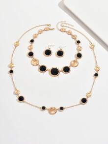 3件套时尚几何不对称圆形金属镶嵌黑色亚克力吊坠项链套装，含链条和流苏耳环，适合日常佩戴和派对场合。 - 金黃色+黑色 - 查看 2
