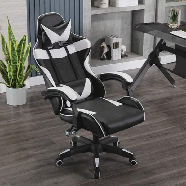 Silla Gamer Reclinable con Reposa Pies Silla Gaming Ergonómica Ajustable, Silla de Juegos de computadora con Giratorio, Reposacabezas y Almohada Lumbar (Negro) -089