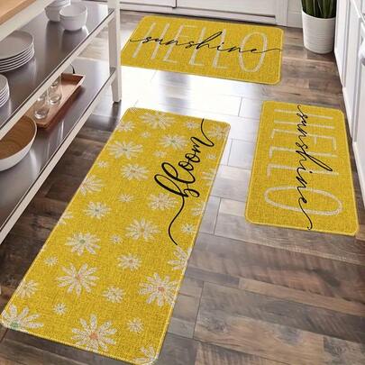 1/2/3 Pieces Flannel Kitchen Mat Yellow Daisy Hello Sunshine Spring Blooming Home Decoration Low-Key Kitchen Mat Suitable For Floor Use - Flannel Carpet (Flannel Mat) RHRN