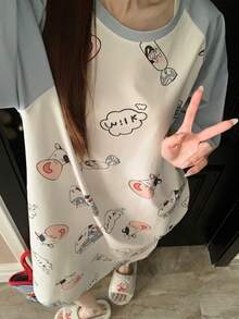 Women's Summer Cow Print Batwing Sleeve Nightgown, Blue & White Contrast Short Sleeve Loungewear - Blue - View 5