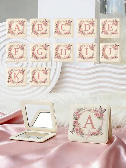 1 pièce Miroir de vanité portable de style anglais vintage, série de lettres. Miroir à main pliable, léger et ultra-fin, pratique. En cuir pleine fleur durable, convient à diverses occasions et à tous. Miroir compact carré pliable pour le transport.