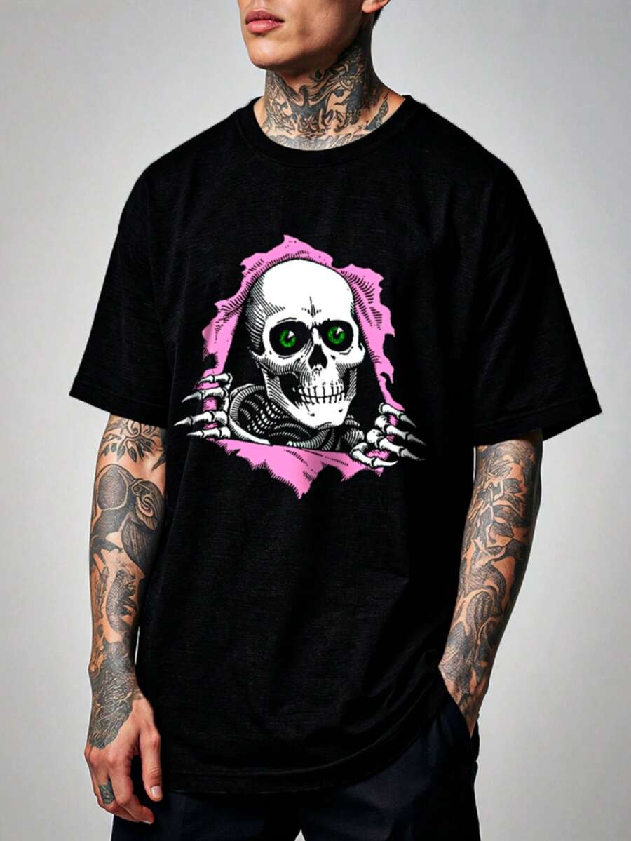 Skull Skeleton Streetwear T-Shirt, 100% Cotton, Men's And Women's Unisex Premium Shirt - 黑色 - 查看 1