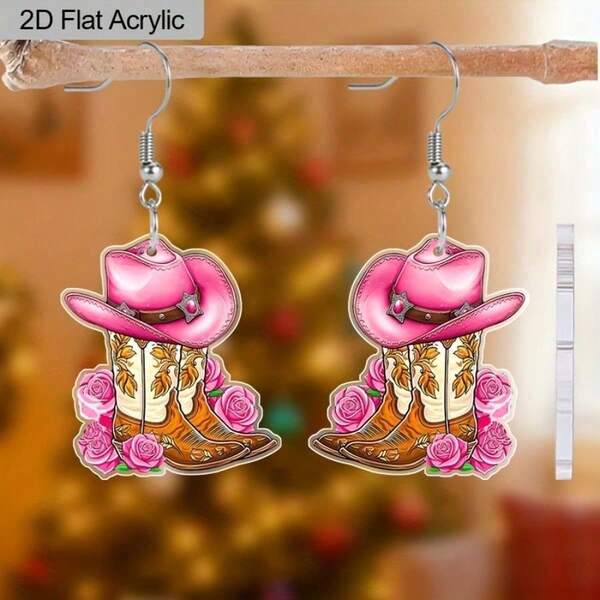 أقراط على شكل حذاء كاوبوي غربي مسطح 2D - تصميم قبعة وزهور وردية، مصنوعة من مادة أكريليك مقاومة للحساسية، أقراط مسطحة 2D مزدوجة الجانب كهدية للحفلات، مناسبة للارتداء اليومي أو الموضة | أقراط بنمط زهري | أقراط ذات سطح ناعم، طراز كاجوال للنساء