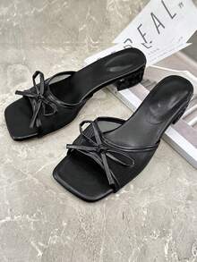 女士凉鞋，夏季厚跟露趾罗马系带蝴蝶结角斗士凉鞋，网面女士拖鞋 - 黑色 - 查看 3