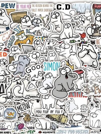 50pcs Cartoon Simon's Cat Funny British Animation Graffiti Stickers, Waterproof And Reusable, Suitable For Motorcycle Helmet, Car, Gift Box, Envelope, Graffiti Stickers, Guitar, Laptop, Luggage, DIY Crafts, Helmet Stickers, Gamer Stickers, Sticker Book, Games, Diary Stickers, Bicycle Stickers, Gamer Birthday Party, Gamer Party, Office Decoration