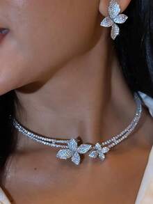 Best-Selling Floral Open Choker Necklace & Earrings Set, Luxury Elegant Jewelry Set, Women Accessories Set - Silver - View 2