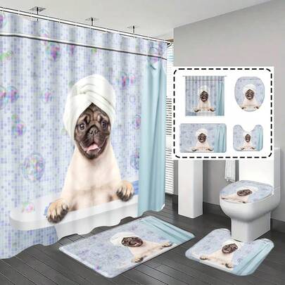 1pc/4pcs Bathroom Curtains Shower Set, Shower Curtain Set, Bathroom Decor, Bathroom Rug, Home Decor, Bath Mat, Bathroom Mat, Dachshund Pattern, Gift, Animal Theme Decoration, Bathroom Set, Comes With 12 Hooks