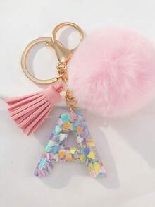 A-Z 英文字母毛球钥匙扣，紫色树脂亮片吊坠钱包钥匙圈，汽车钥匙链，包包挂饰，背包装饰，哥特 Y2K 风格 - 紫色 - 查看 2