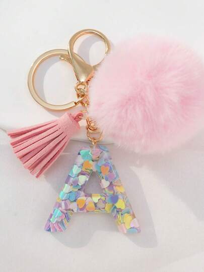A-Z 英文字母毛球钥匙扣，紫色树脂亮片吊坠钱包钥匙圈，汽车钥匙链，包包挂饰，背包装饰，哥特 Y2K 风格