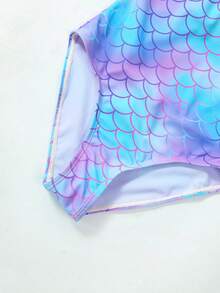 Young Girl Fish Scales Print Ruffle Trim One Piece Swimsuit - Multicolor - View 6