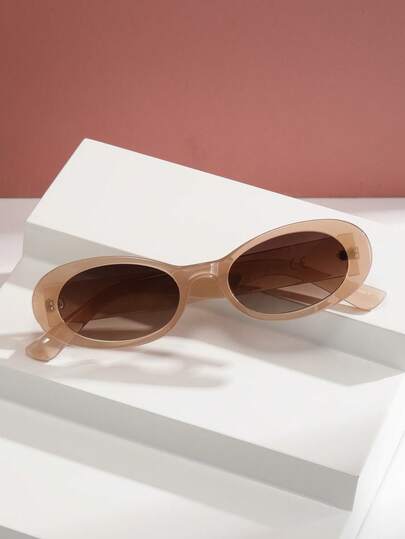 Women Men Light Brown Retro Oval Small Frame Fashion Glasses, Classic Plastic Casual Decorative Shades For Daily Outfits