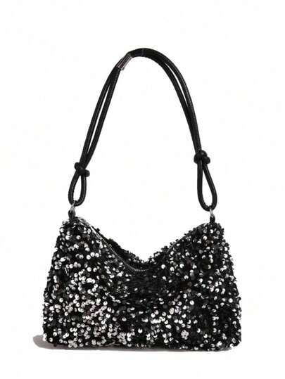 Women Silver Sequin Shoulder Bags Zipper Closure Underarm Handbag Solid Color Tote Handbag For Wedding Prom Parties Travel