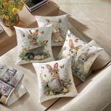 MEMNUN 4件套复活节花卉彩蛋篮小鸡兔子印花涤纶装饰枕套【不含枕芯】，尺寸：17.7*17.7英寸（45*45厘米）/19.69*19.69英寸（50*50厘米）/15.75*15.75英寸（40*40厘米），【单面印花】花卉蝴蝶彩蛋复活节春季主题抱枕套，房间装饰，家居装饰 - 彩色 - 查看 10