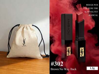 Yves Saint Laurent 组合套装（束口袋 + #302 唇膏），纤细设计，#302 色号，丝绒质地，高显色度，彩妆，哑光唇膏，唇膏，纤细管身，哑光妆效，#302，丝绒唇膏，持久显色，旅行装 1.2克/0.04盎司
