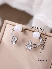 Nooxian 1对时尚简约高光泽仿珍珠耳环，小众优雅水钻双戴耳环，女士礼物 - 銀色 - 查看 3