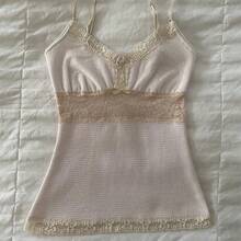Awevudst Women Y2k Fairy Grunge Tank Tops Vintage Aesthetic Lace Trim Cami Shirt Slim Fit Knit Ribbed Coquette Clothes - Hồng - Xem 1